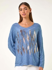 Roman Blue Textured Foil Snit V-Neck Tunics - Image 1 of 5