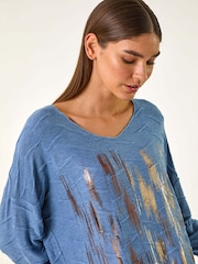 Roman Blue Textured Foil Snit V-Neck Tunics - Image 2 of 5
