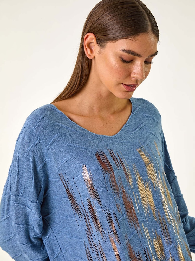 Roman Blue Textured Foil Snit V-Neck Tunics - Image 2 of 5
