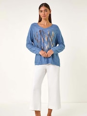 Roman Blue Textured Foil Snit V-Neck Tunics - Image 3 of 5