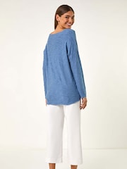 Roman Blue Textured Foil Snit V-Neck Tunics - Image 4 of 5