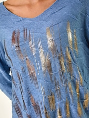 Roman Blue Textured Foil Snit V-Neck Tunics - Image 5 of 5
