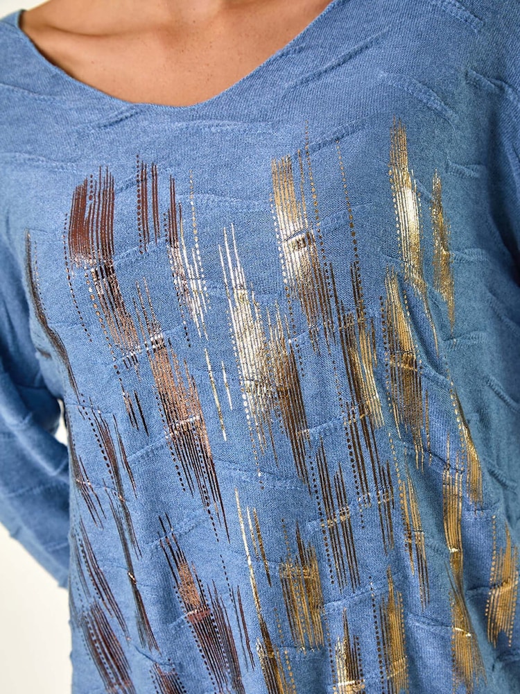 Roman Blue Textured Foil Snit V-Neck Tunics - Image 5 of 5
