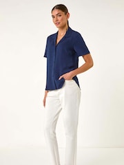 Roman Blue Collared Short Sleeve Blouse - Image 1 of 5