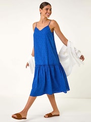 Roman Blue Broderie Frill Tiered 100% Cotton Midi Dress - Image 1 of 5