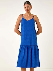 Roman Blue Broderie Frill Tiered 100% Cotton Midi Dress - Image 2 of 5