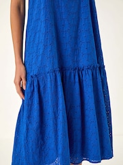 Roman Blue Broderie Frill Tiered 100% Cotton Midi Dress - Image 5 of 5