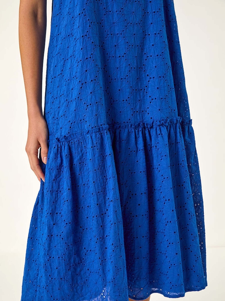 Roman Blue Broderie Frill Tiered 100% Cotton Midi Dress - Image 5 of 5