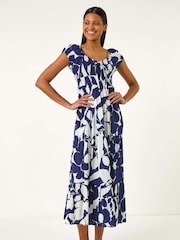 Roman Blue Shadow Floral Print Tie Tiered Dress - Image 1 of 5