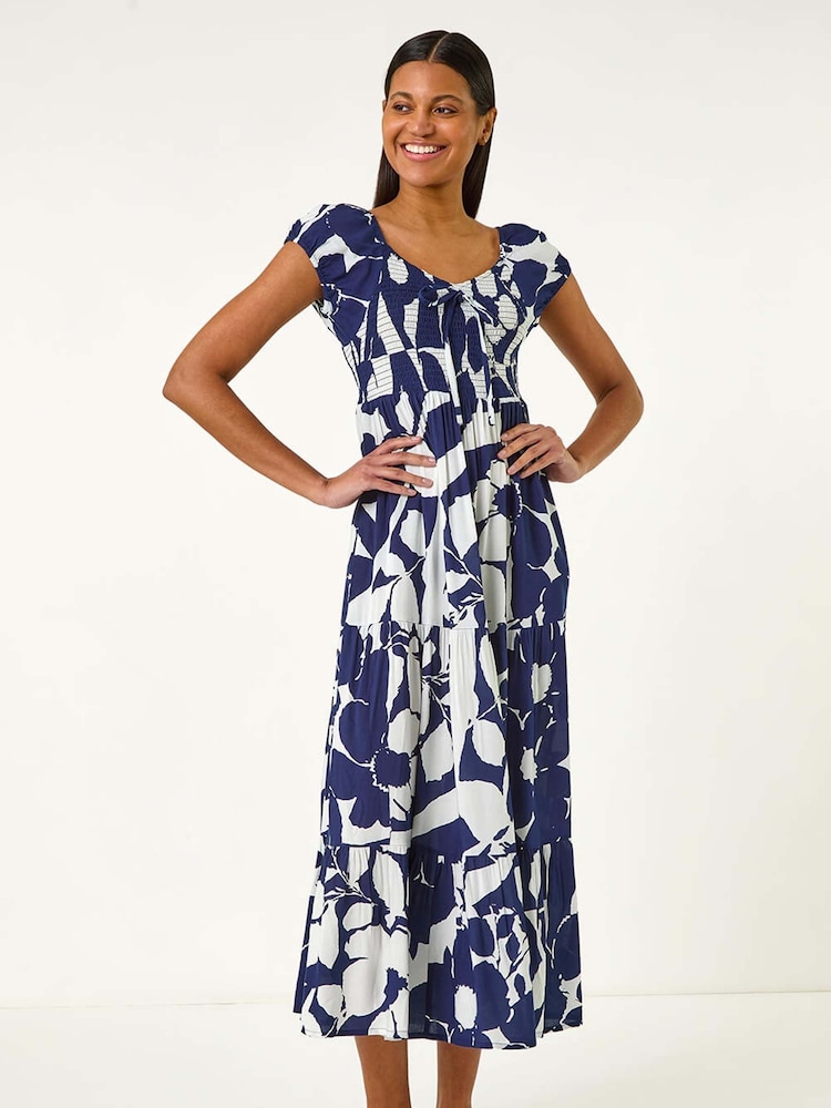 Roman Blue Shadow Floral Print Tie Tiered Dress - Image 1 of 5