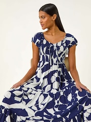 Roman Blue Shadow Floral Print Tie Tiered Dress - Image 2 of 5