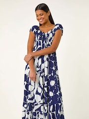 Roman Blue Shadow Floral Print Tie Tiered Dress - Image 4 of 5