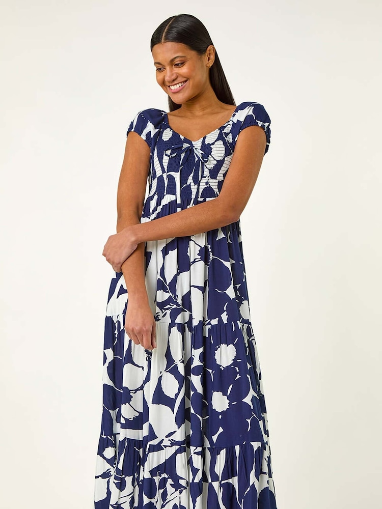 Roman Blue Shadow Floral Print Tie Tiered Dress - Image 4 of 5