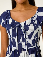 Roman Blue Shadow Floral Print Tie Tiered Dress - Image 5 of 5