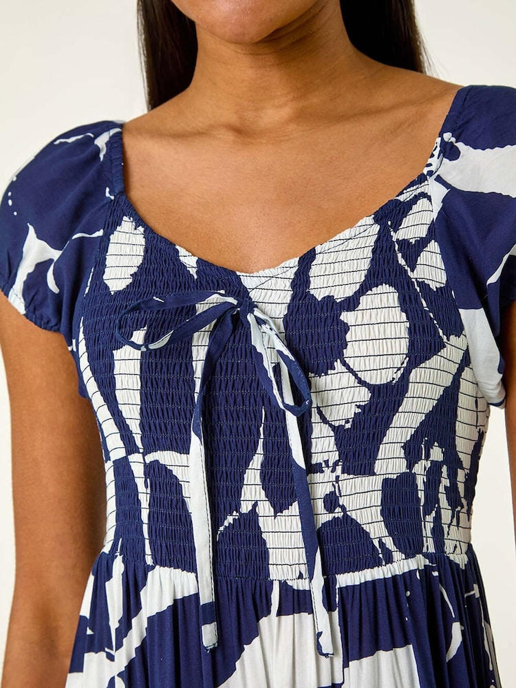 Roman Blue Shadow Floral Print Tie Tiered Dress - Image 5 of 5