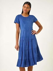 Roman Blue Frill Tiered Smock Midi Dress - Image 1 of 5