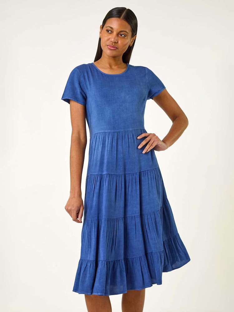 Roman Blue Frill Tiered Smock Midi Dress - Image 1 of 5