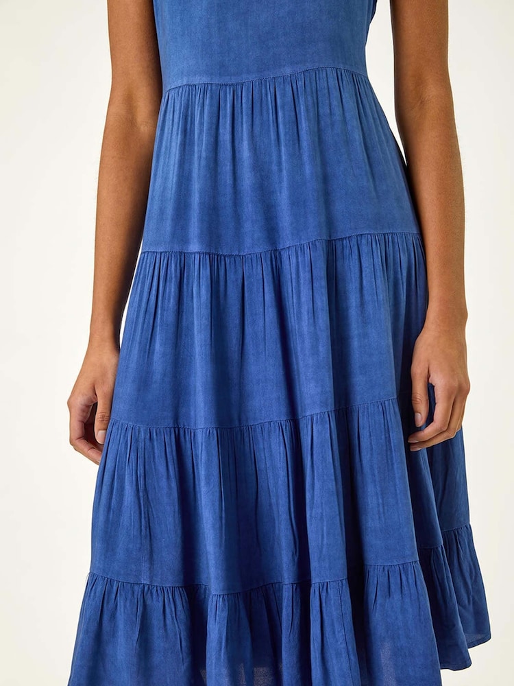 Roman Blue Frill Tiered Smock Midi Dress - Image 5 of 5