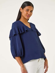 Roman Blue Frill Front Woven Top - Image 4 of 5