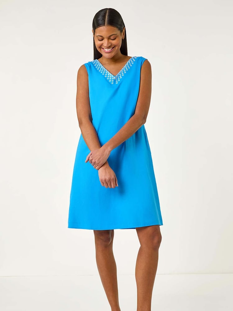 Roman Blue Embroidered X Back Short Dress - Image 1 of 5