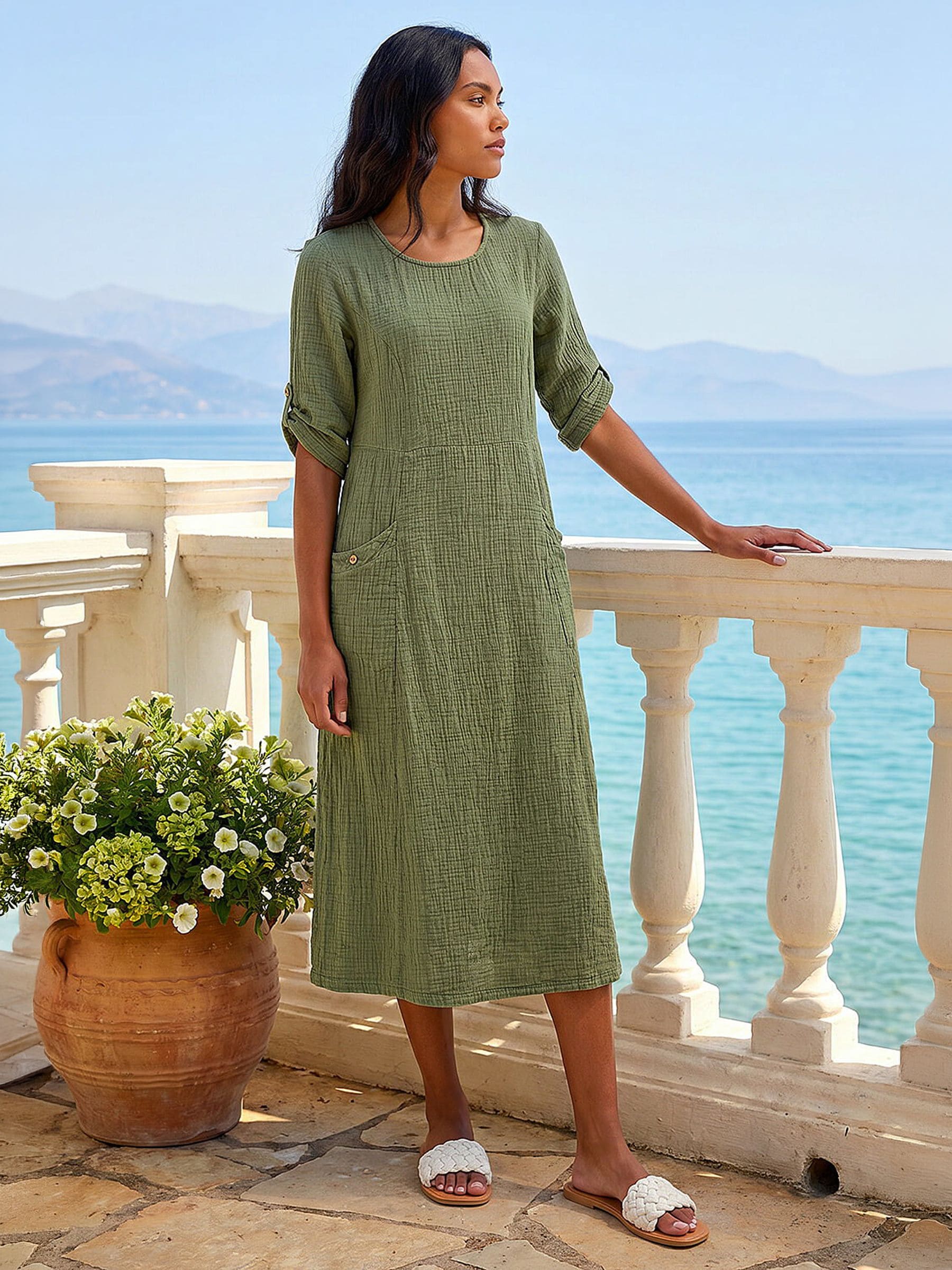 Roman Women's Khaki Textured A-Line Midi Dress In | Size: 20 - Image 3