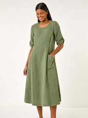 Roman Green Textured A-Line 100% Cotton Midi Dress - Image 1 of 5