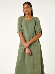 Roman Green Textured A-Line 100% Cotton Midi Dress - Image 2 of 5