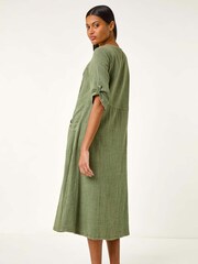 Roman Green Textured A-Line 100% Cotton Midi Dress - Image 3 of 5