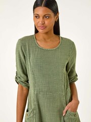 Roman Green Textured A-Line 100% Cotton Midi Dress - Image 4 of 5