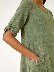 Roman Green Textured A-Line 100% Cotton Midi Dress - Image 5 of 5