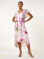 Roman Pink Floral Print Wrap Midi Dress - Image 1 of 5