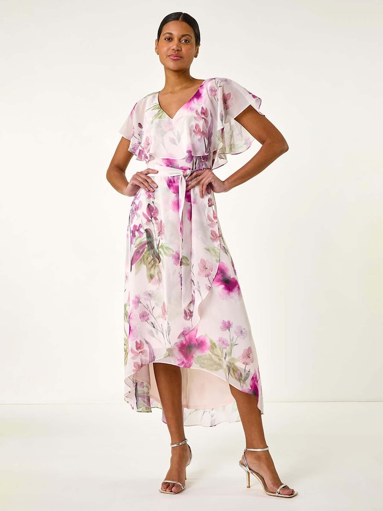 Roman Pink Floral Print Wrap Midi Dress - Image 1 of 5