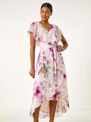 Roman Pink Floral Print Wrap Midi Dress - Image 2 of 5