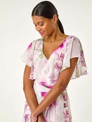 Roman Pink Floral Print Wrap Midi Dress - Image 4 of 5