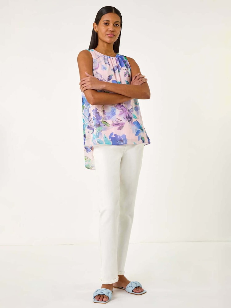 Roman Purple Floral Print Metallic Shell Top - Image 2 of 5 Roman Purple Floral Print Metallic Shell Top - Image 2 of 5
