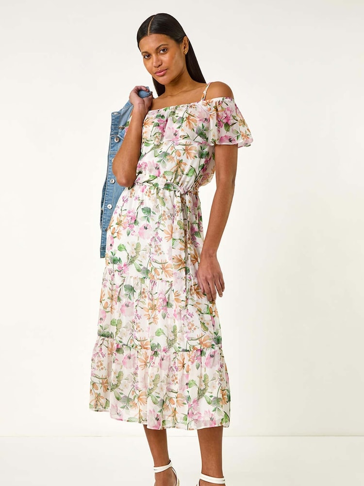 Roman White Floral Print Bardot Midi Dress - Image 1 of 5