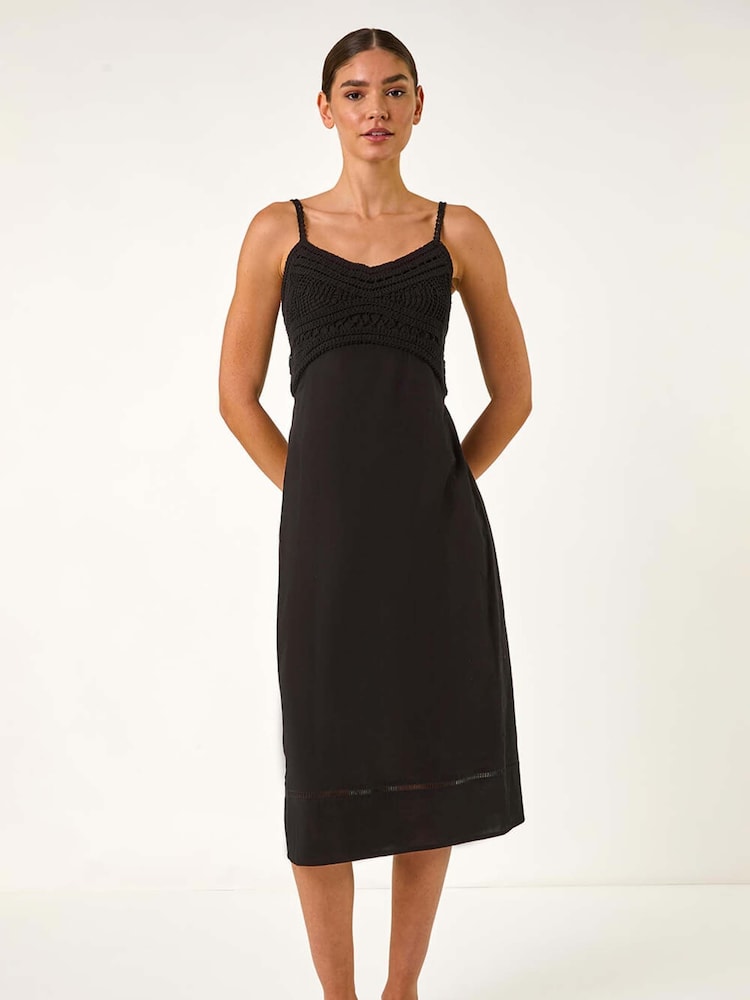 Roman Black 100% Cotton Lace Panel Strappy Midi Dress - Image 2 of 5