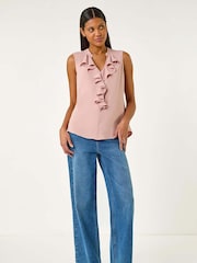 Roman Light Pink Linen Ruffle Vest Top - Image 2 of 5