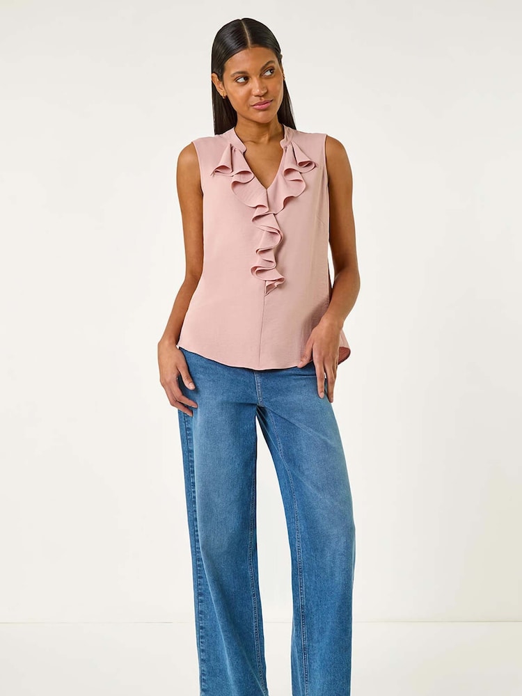 Roman Light Pink Linen Ruffle Vest Top - Image 2 of 5