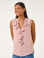 Roman Light Pink Linen Ruffle Vest Top - Image 4 of 5