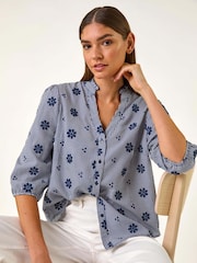 Roman Blue Floral Embroidered V-Neck Blouse - Image 1 of 5