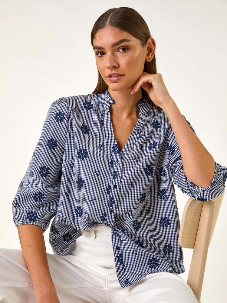 Roman Blue Floral Embroidered V-Neck Blouse - Image 1 of 5