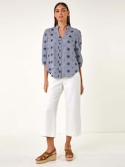 Roman Blue Floral Embroidered V-Neck Blouse - Image 2 of 5