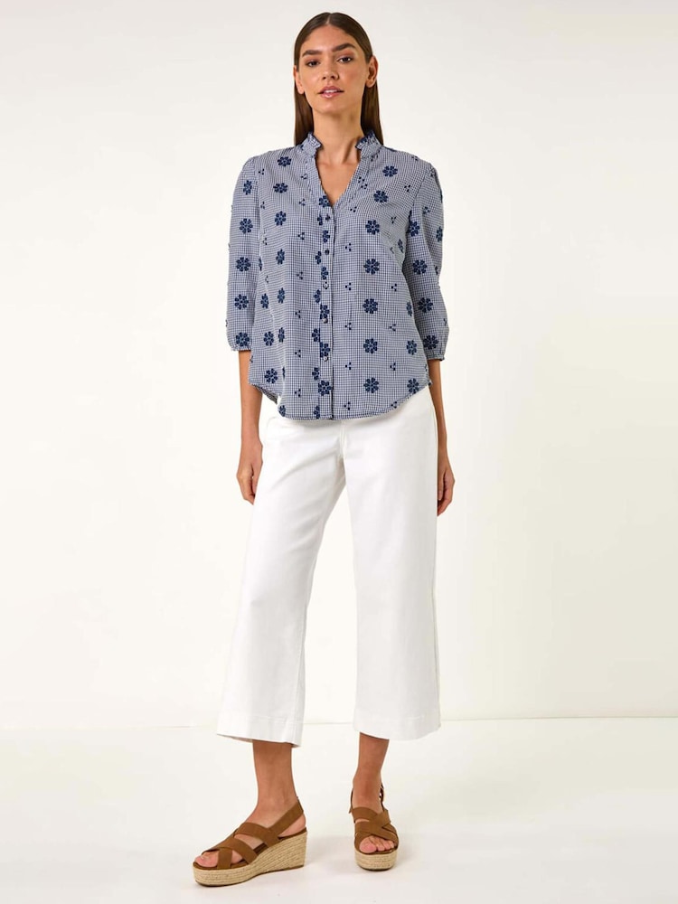 Roman Blue Floral Embroidered V-Neck Blouse - Image 2 of 5