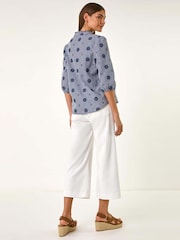 Roman Blue Floral Embroidered V-Neck Blouse - Image 3 of 5