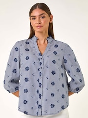 Roman Blue Floral Embroidered V-Neck Blouse - Image 4 of 5
