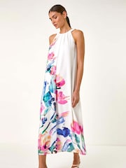 Roman Pink Floral Print Placement Halter Neck Midi Dress - Image 1 of 5