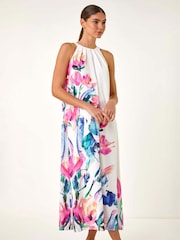 Roman Pink Floral Print Placement Halter Neck Midi Dress - Image 2 of 5