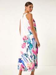 Roman Pink Floral Print Placement Halter Neck Midi Dress - Image 3 of 5
