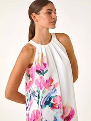 Roman Pink Floral Print Placement Halter Neck Midi Dress - Image 4 of 5